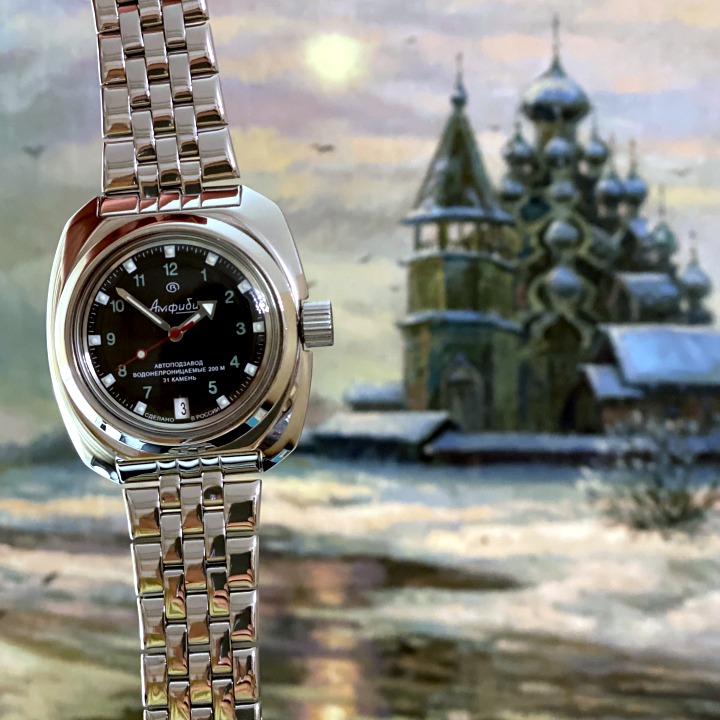 Russian Automatic Watch Vostok Amphibia With Glass Case Back And Neutral Bezel Stainless Steel