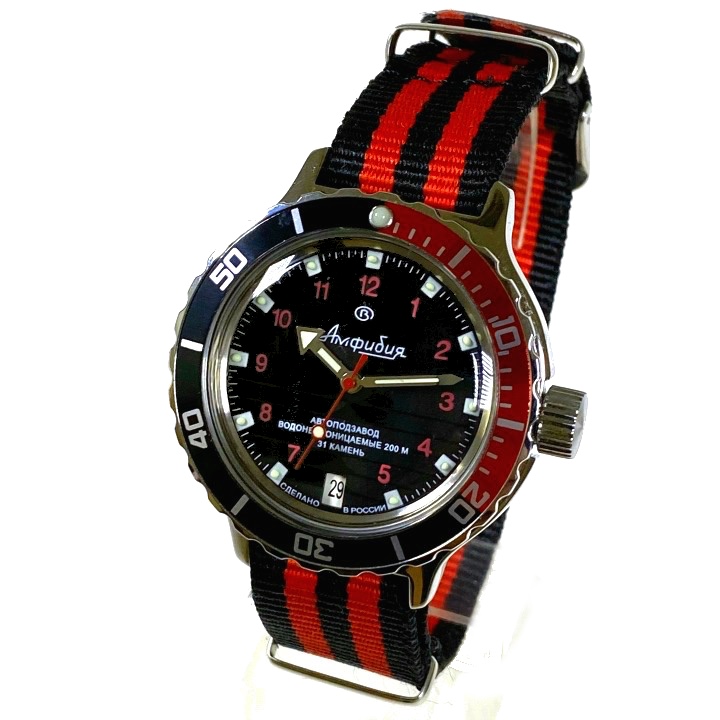 Automatik watch VOSTOK AMPHIBIA with orange bezel and glass case back, 200m  water proof, stainless steel, polished, ø42mm 2415 / 100474 S1