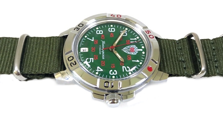 Russian hand-winding watch VOSTOK KOMANDIRSKIE Border Troops with NATO  strap, polished, ø40mm (2414 / 431950 S1)