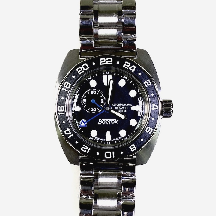 Russian automatic watch VOSTOK AMPHIBIA BATMAN GMT with additional 24hr  time, 200m water proof, stainless steel, brushed, ø42mm, 2426.12 / 17036B |  Vostok-Watches24