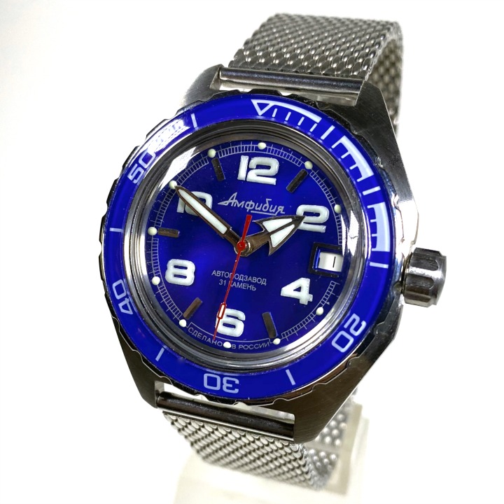 Russian watch VOSTOK AMPHIBIA with dial, glass back and Milanese bracelet, brushed steel, 2416 / 650432 SE1